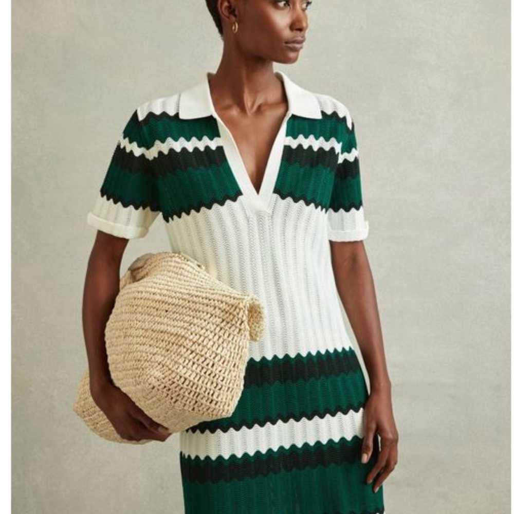 Reiss Malory Knitted Green & White Dress with Striking Stripes
